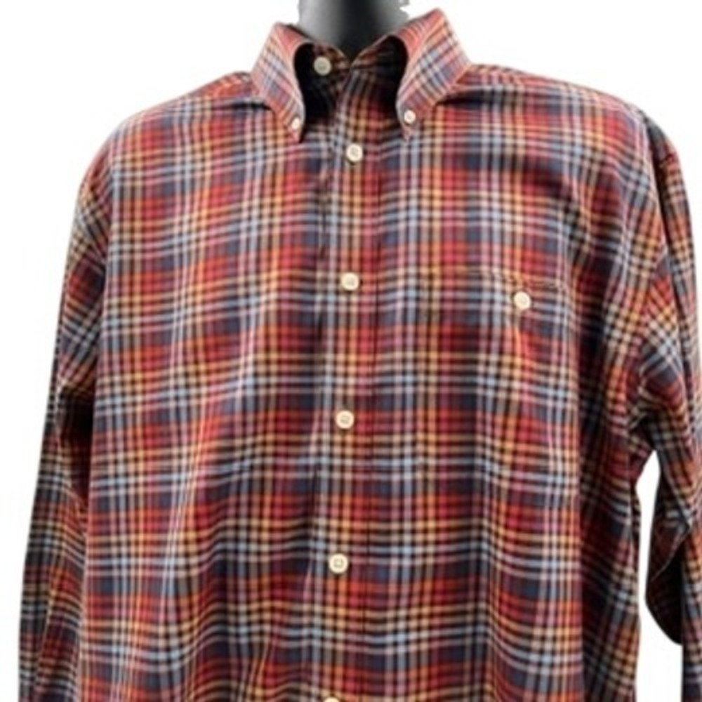 Orvis Mens Large Plaid Button Down Shirt Red Blue Orange Cotton Long Sleeve L - Picture 10 of 12